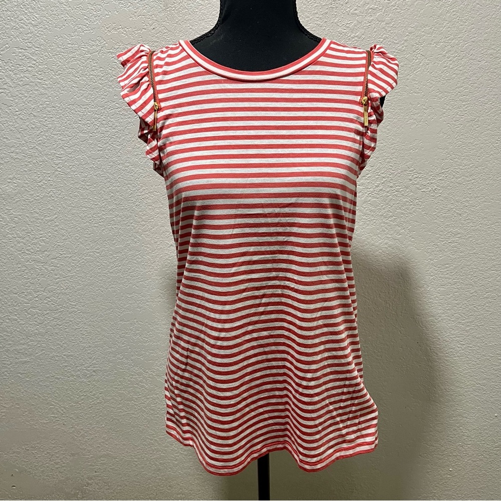 Michael Kors NWT Striped Zip Shoulder Ruffle Sleeve Top in Coral Red and White